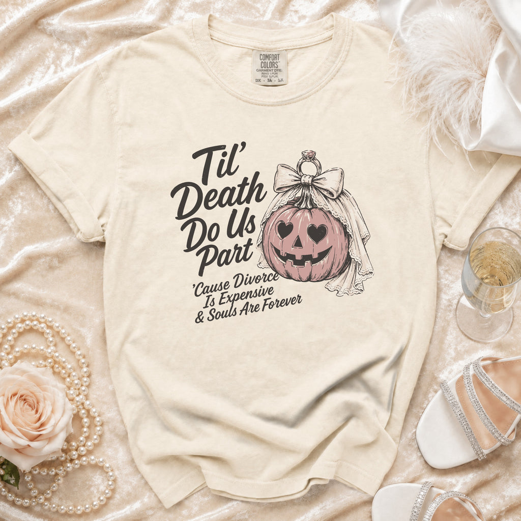 Cream t-shirt with "Til' Death Do Us Part" text and a pumpkin bride graphic.