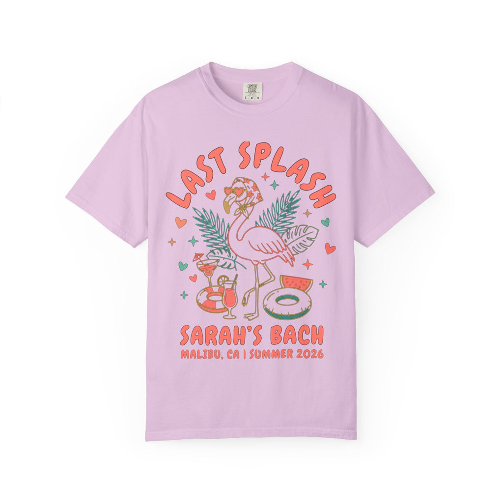 Pink t-shirt with "LAST SPLASH" flamingo, drinks, and pool float graphics.