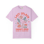 Pink t-shirt with "LAST SPLASH" flamingo, drinks, and pool float graphics.