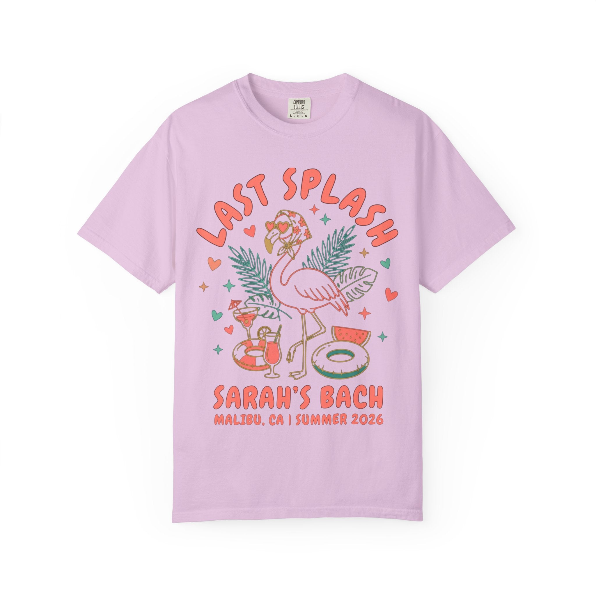 Pink t-shirt with "LAST SPLASH" flamingo, drinks, and pool float graphics.