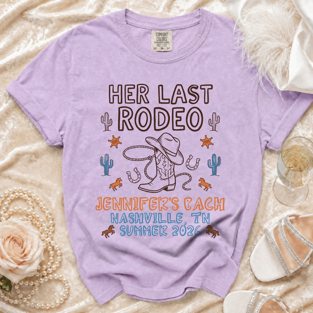 T-shirt with "Her Last Rodeo" and Nashville bachelorette text.