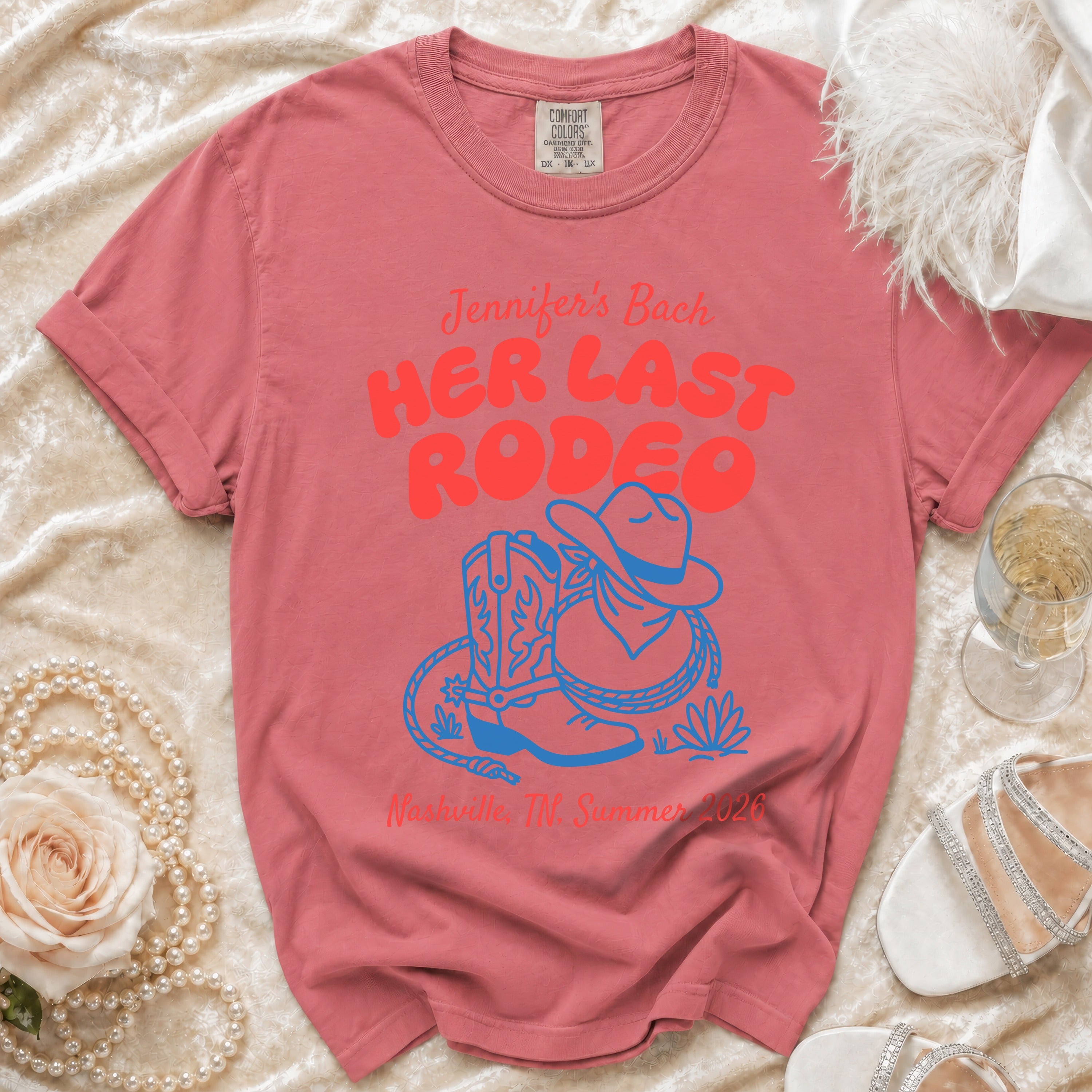 Bachelorette t-shirt with "Jennifer's Bach HER LAST RODEO" and cowboy boot graphic.