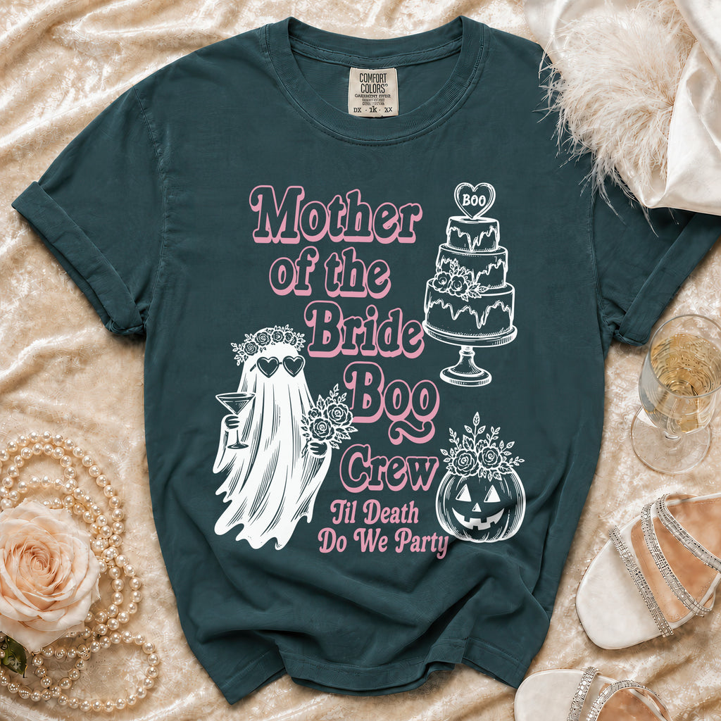 Dark teal t-shirt with "Mother of the Bride Boo Crew" and spooky graphics.