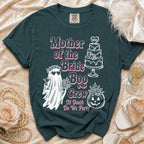Dark teal t-shirt with "Mother of the Bride Boo Crew" and spooky graphics.