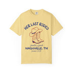 Yellow t-shirt with cowboy boots, hat, and text: "Her Last Rodeo Jennifer's Bach Nashville, TN Summer 2026".