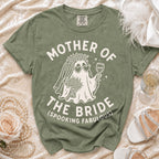 Olive green t-shirt featuring white text that reads Mother of the Bride and Spooking Fabulous, with a ghost graphic.