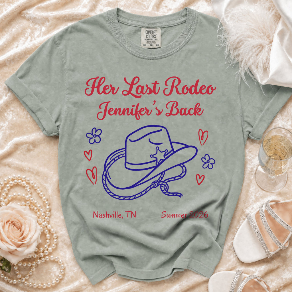 Her Last Rodeo t-shirt with cowboy hat, flowers, and custom text for Jennifer.