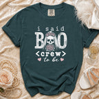 "I said BOO <crew> to be" t-shirt with skull bride graphic and flowers.