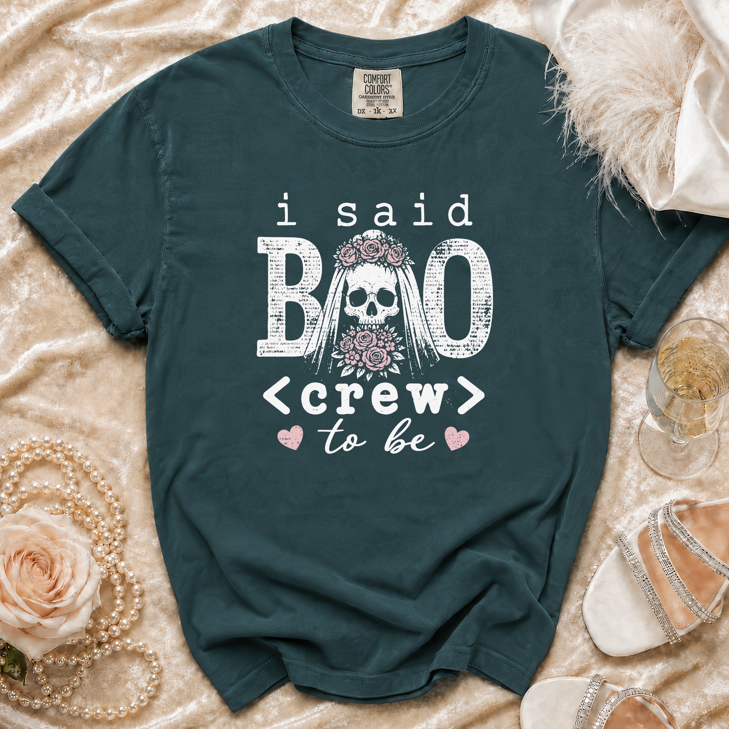 "I said BOO <crew> to be" t-shirt with skull bride graphic and flowers.