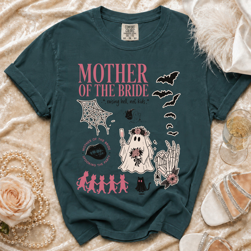 Dark teal t-shirt with "Mother of the Bride" and spooky Halloween graphics.