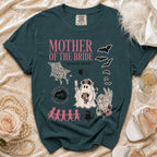 Dark teal t-shirt with "Mother of the Bride" and spooky Halloween graphics.