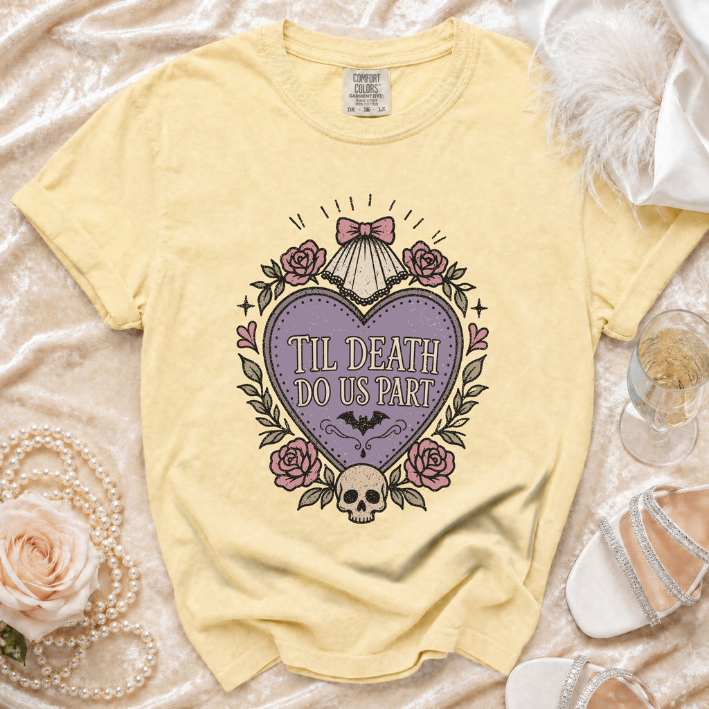 Yellow t-shirt with "Til Death Do Us Part" gothic heart graphic.
