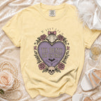 Yellow t-shirt with "Til Death Do Us Part" gothic heart graphic.