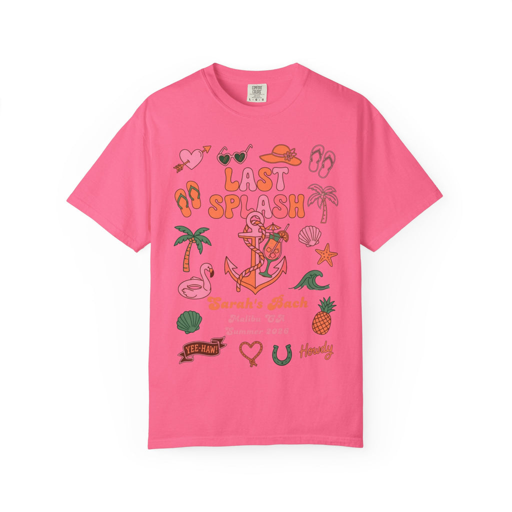 Pink t-shirt with "Last Splash" and beach-themed graphics.