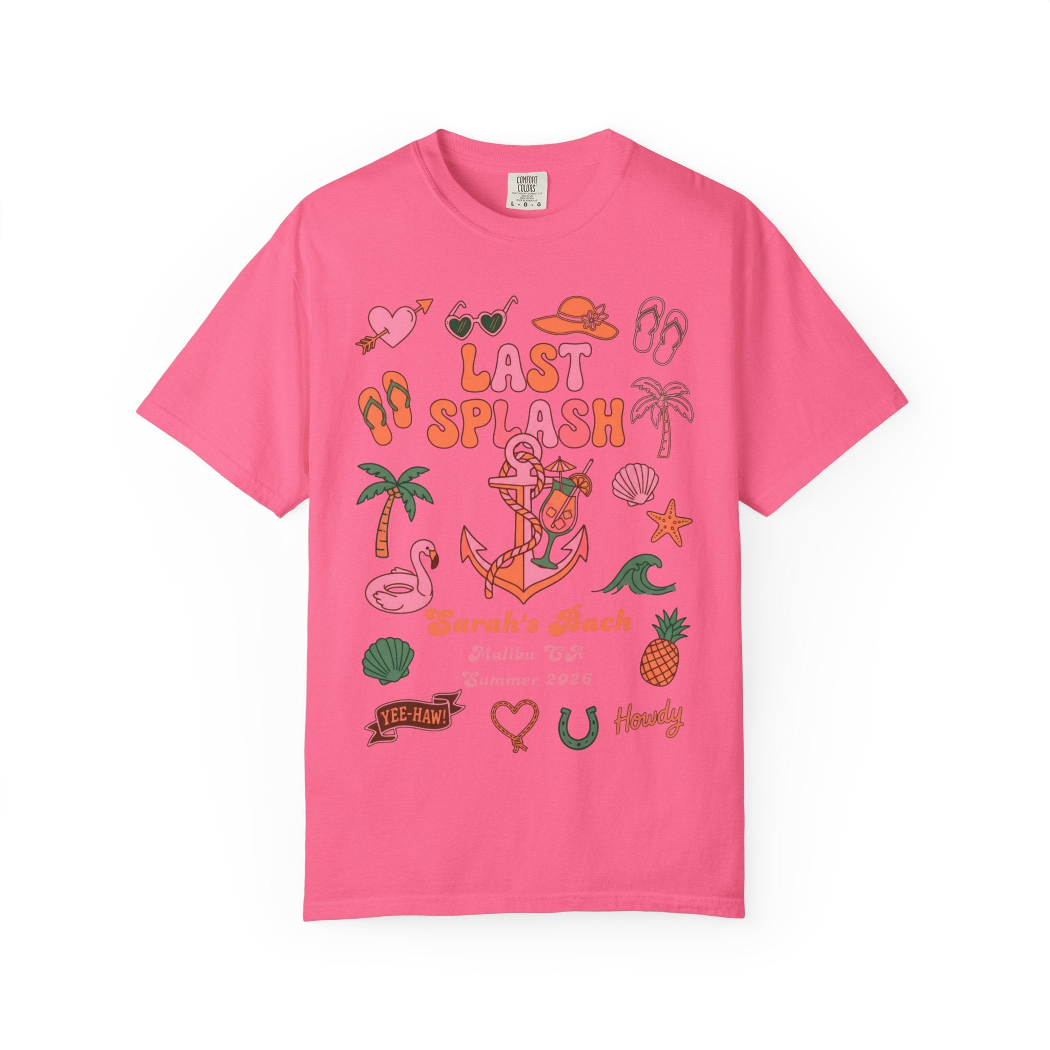 Pink t-shirt with "Last Splash" and beach-themed graphics.