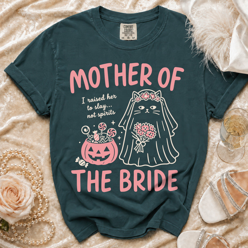 T-shirt with "Mother of the Bride" text, cat bride, pumpkin candy.