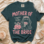 T-shirt with "Mother of the Bride" text, cat bride, pumpkin candy.