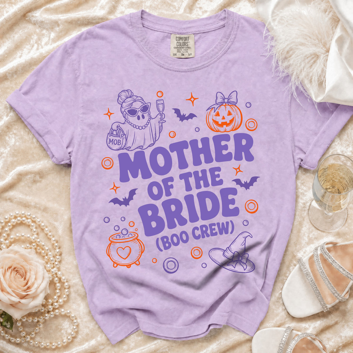 Lavender t-shirt with "Mother of the Bride (Boo Crew)" text and Halloween graphics.