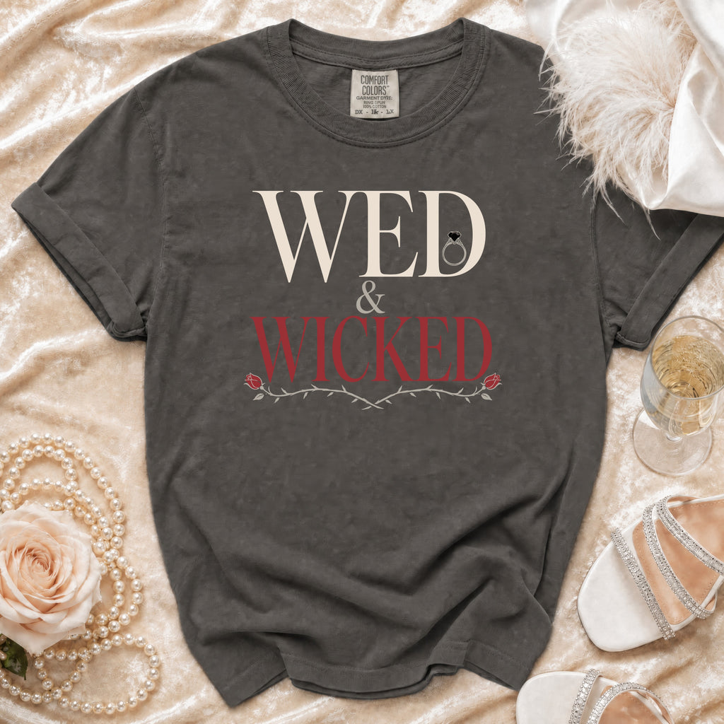 Dark grey t-shirt with "WED & WICKED" text and engagement ring graphic.