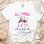 White t-shirt with "Red, White & I Do Willow's Bachelorette" text.