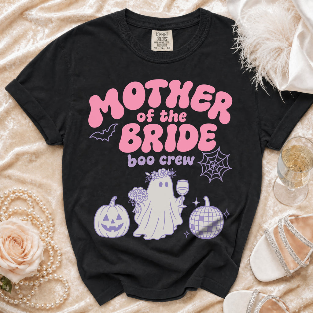 Black t-shirt with "Mother of the Bride boo crew" text and ghost graphic.