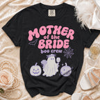 Black t-shirt with "Mother of the Bride boo crew" text and ghost graphic.