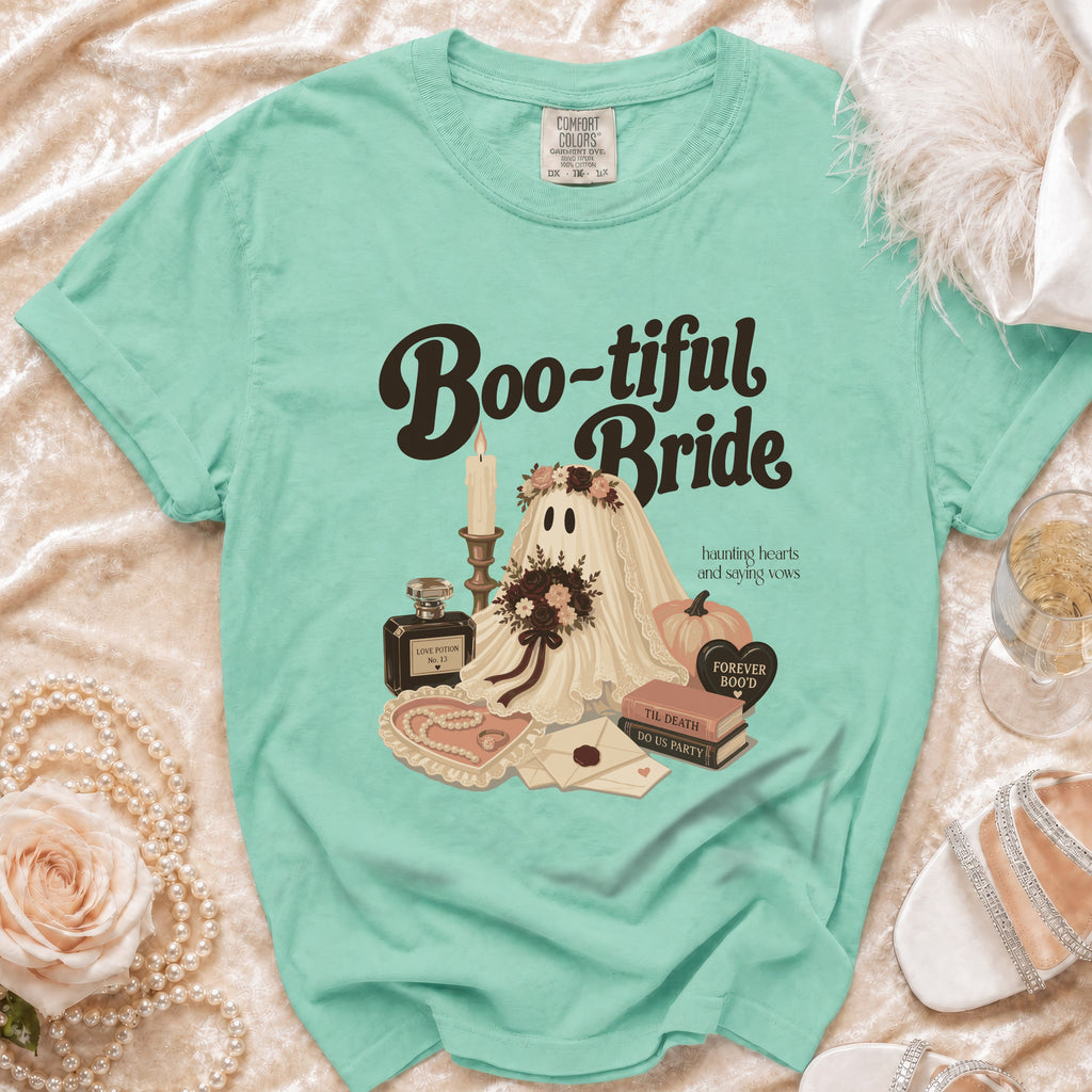 Mint t-shirt with "Boo-tiful Bride" graphic featuring a ghost, wedding items, and text.