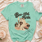 Mint t-shirt with "Boo-tiful Bride" graphic featuring a ghost, wedding items, and text.