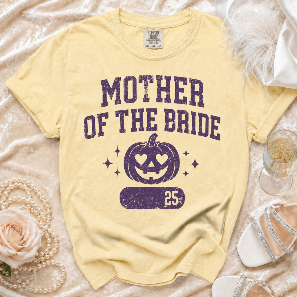 Yellow t-shirt with "Mother of the Bride" and pumpkin graphic, "25".