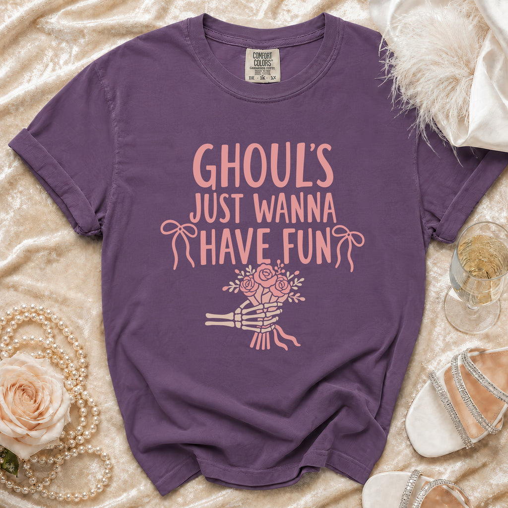 Purple t-shirt with "GHOUL'S JUST WANNA HAVE FUN" text and skeleton hand holding flowers.