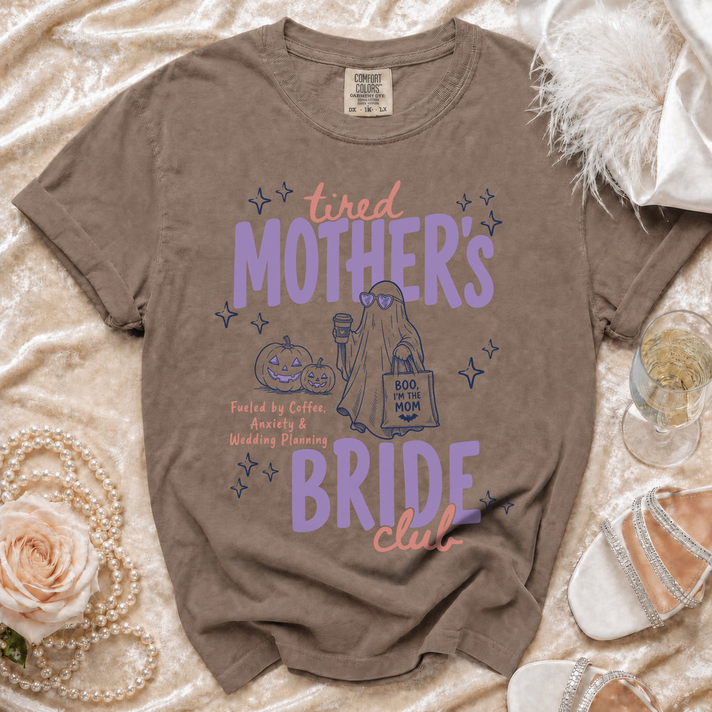 Brown t-shirt with "Tired Mother's Bride Club" graphic and ghost with coffee.