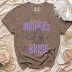 Brown t-shirt with "Tired Mother's Bride Club" graphic and ghost with coffee.