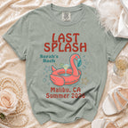 T-shirt with "LAST SPLASH Sarah's Bach Malibu, CA Summer 2026" and flamingo graphic.