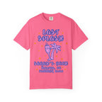 Pink t-shirt with "Last Splash, Sarah's Bach, Malibu, CA Summer 2026" and palm tree graphic.