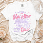 White t-shirt with "Member of the Maid of Honor Club" graphic, featuring ring and flowers.