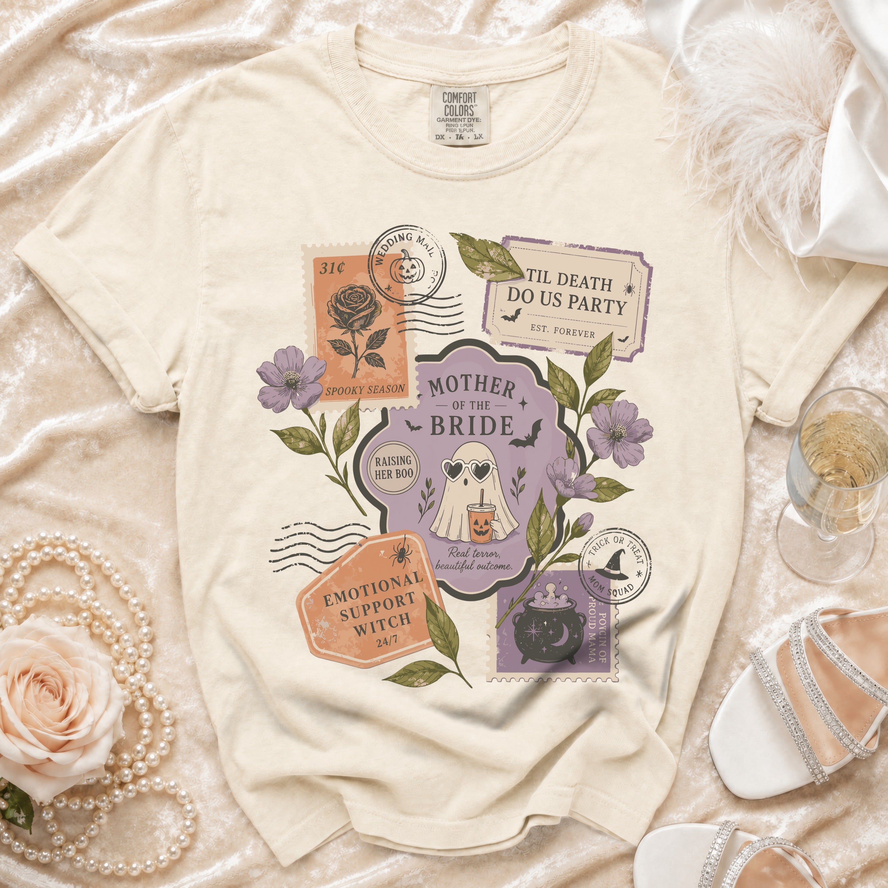 Cream t-shirt with "Mother of the Bride" Halloween-themed graphic and stamps.