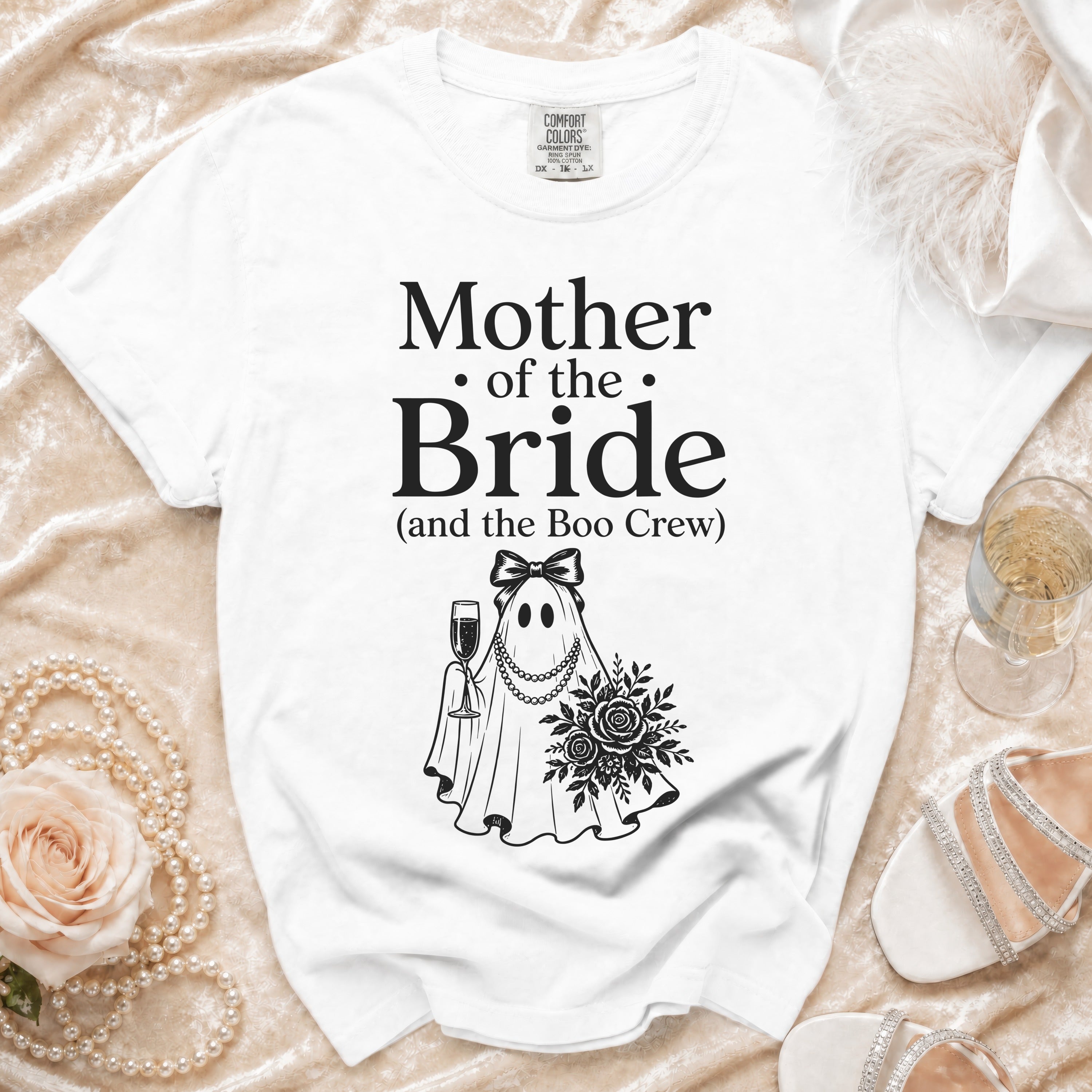 White t-shirt with "Mother of the Bride (and the Boo Crew)" text and ghost graphic.