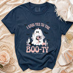 Navy t-shirt with ghost bride graphic and "I Said Yes To The Boo-ty" text.