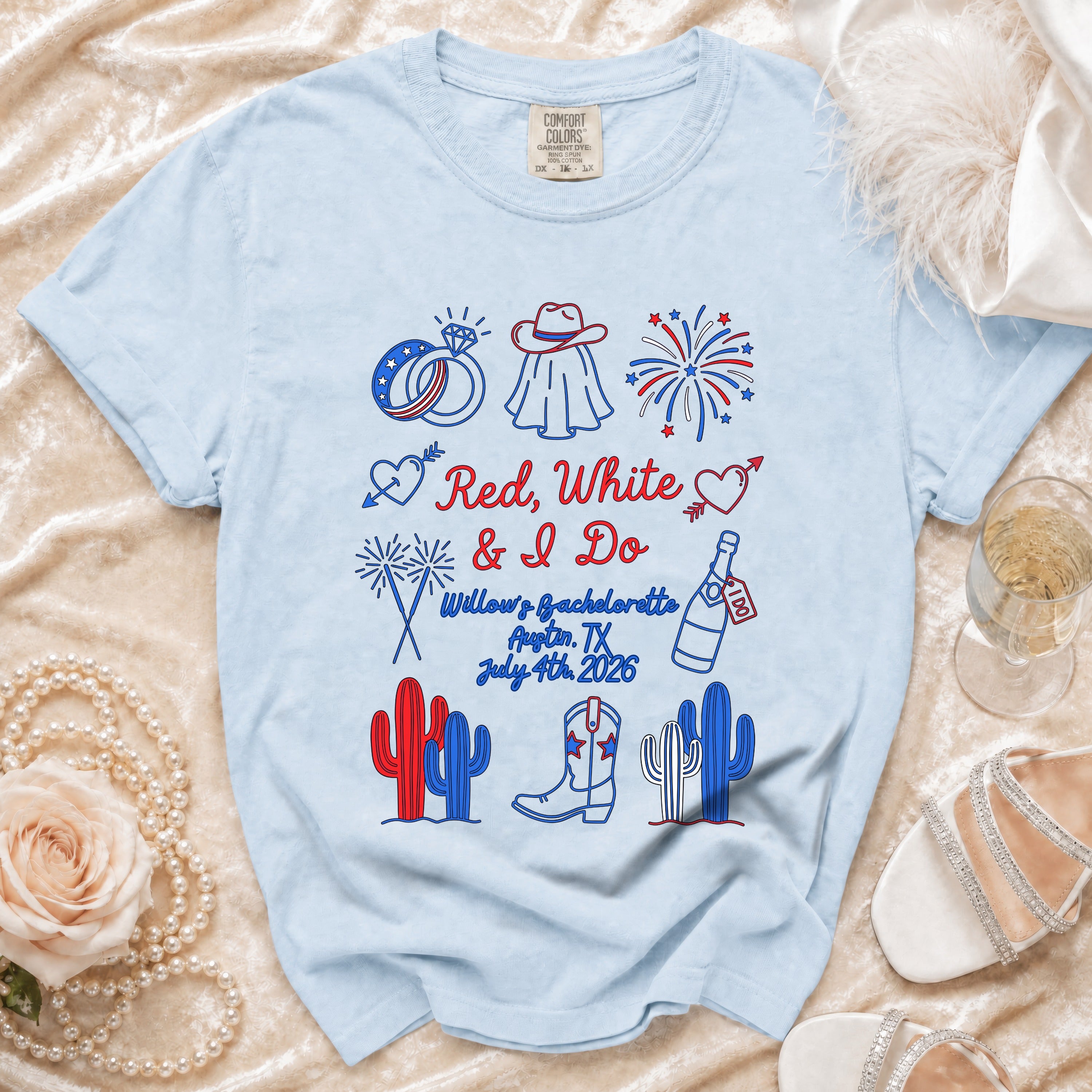Light blue t-shirt for "Willow's Bachelorette" party with patriotic graphics.