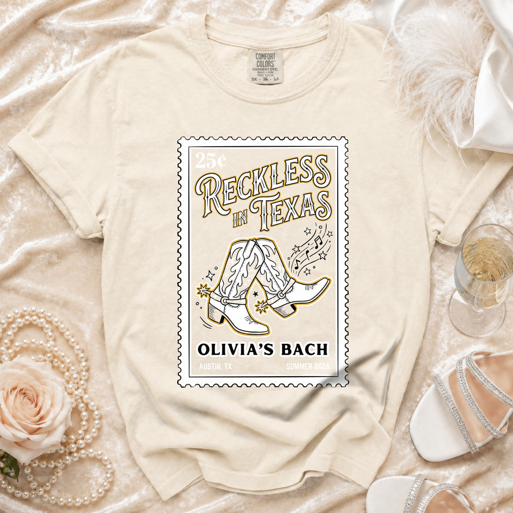 Stamp graphic with cowboy boots and "Reckless in Texas" text.