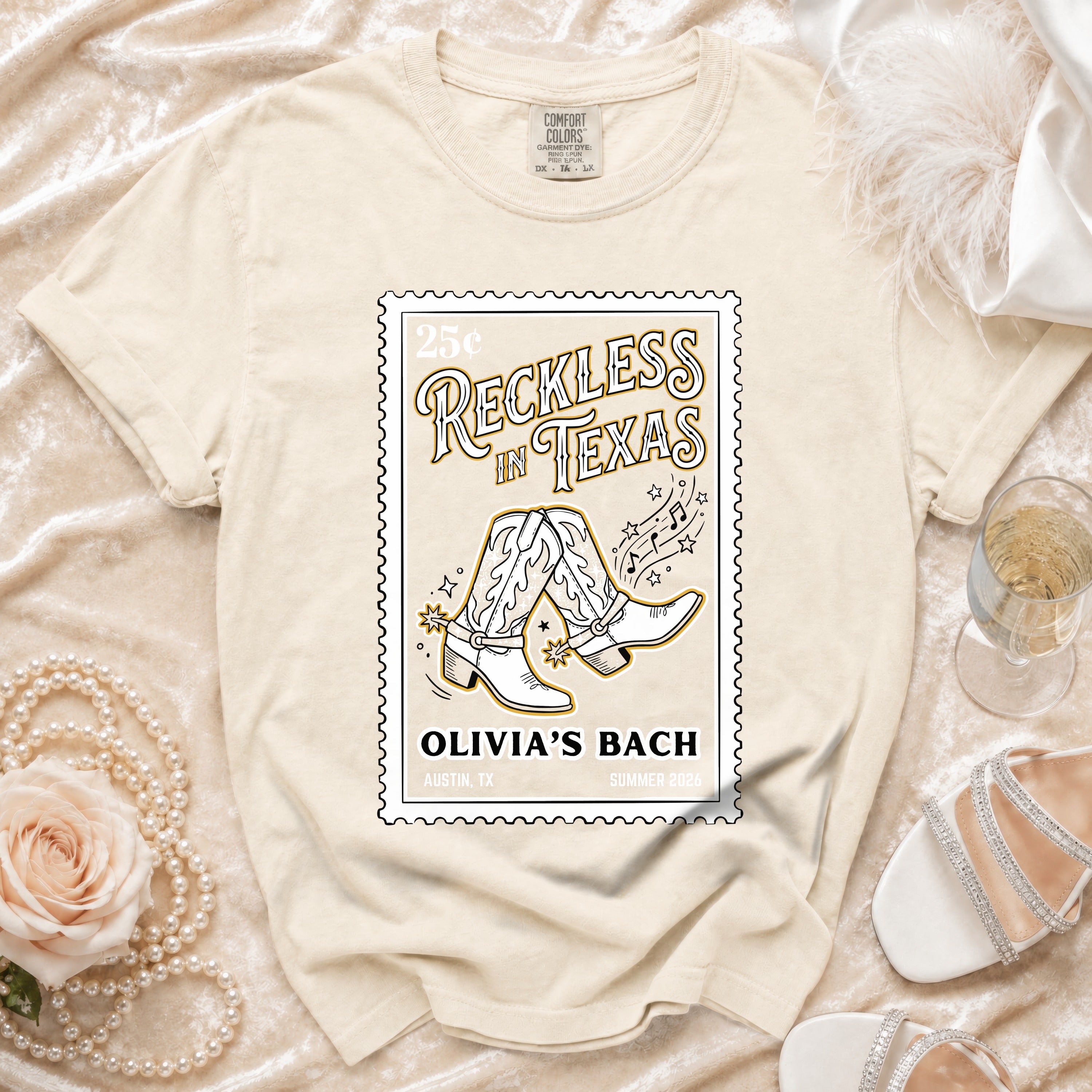 Stamp graphic with cowboy boots and "Reckless in Texas" text.