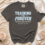 Dark gray t-shirt with "TRAINING FOR FOREVER BRIDE TO BE" text.