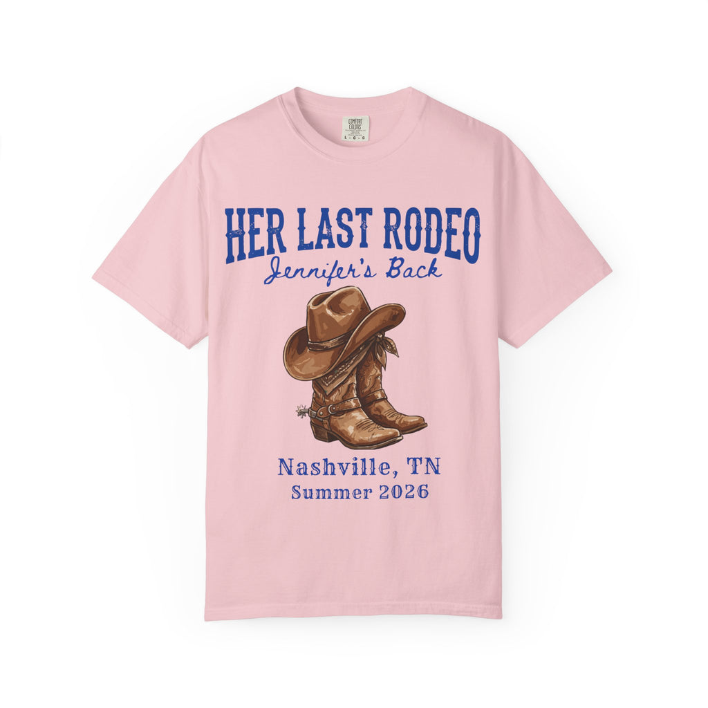 Pink t-shirt with "Her Last Rodeo Jennifer's Back" and cowboy boots.