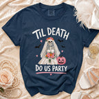 Navy t-shirt with "Til Death Do Us Party" text and skeleton bride graphic.