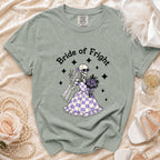 T-shirt with "Bride of Fright" text and skeleton bride graphic wearing a checkered dress.