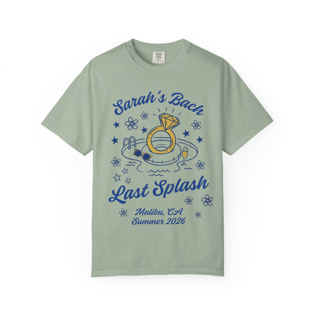 Sarah's Bach Last Splash pool party graphic with diamond ring and Malibu, CA text.