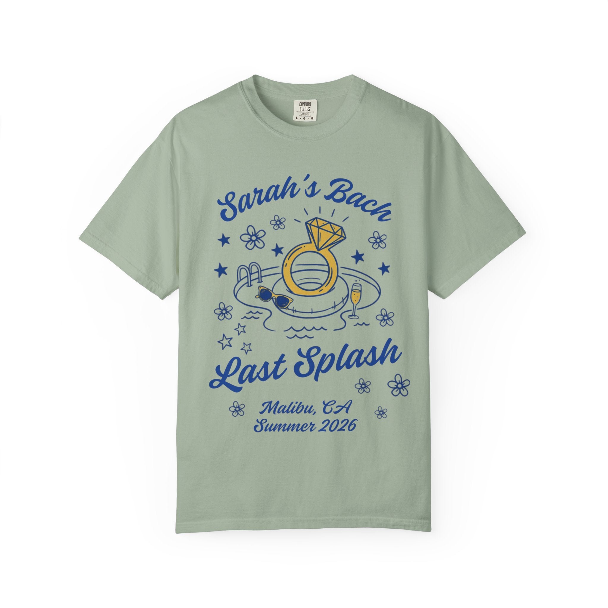Sarah's Bach Last Splash pool party graphic with diamond ring and Malibu, CA text.