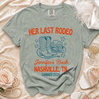 T-shirt with "Her Last Rodeo" and bachelorette party details for Nashville.