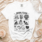White t-shirt with "Bridal Flash Pick Your Poison" and illustrations of bridal themes.