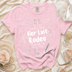 Pink t-shirt with "Jennifer's Bach Her Last Rodeo" text and rodeo graphics.